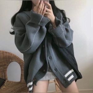 Ever After- Contrast Trim Oversized Knit Cardigan in color Gray